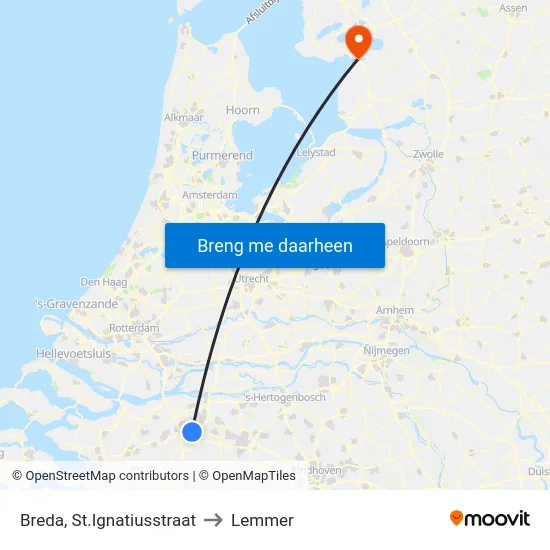 Breda, St.Ignatiusstraat to Lemmer map