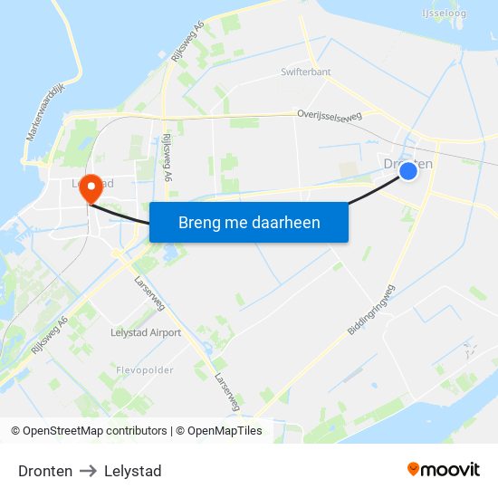 Dronten to Lelystad map