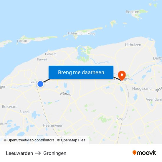 Leeuwarden to Groningen map