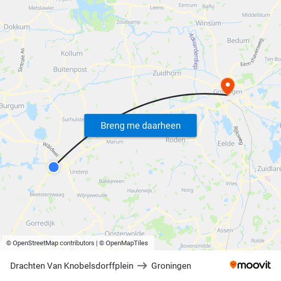 Drachten Van Knobelsdorffplein to Groningen map