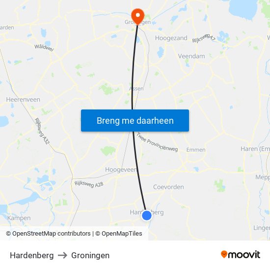 Hardenberg to Groningen map