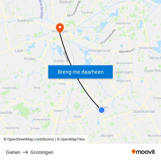 Gieten to Groningen map