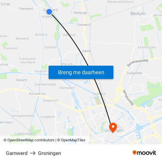 Garnwerd to Groningen map