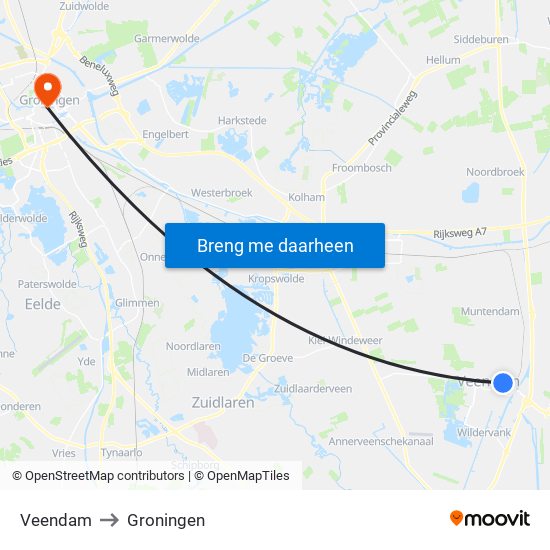Veendam to Groningen map