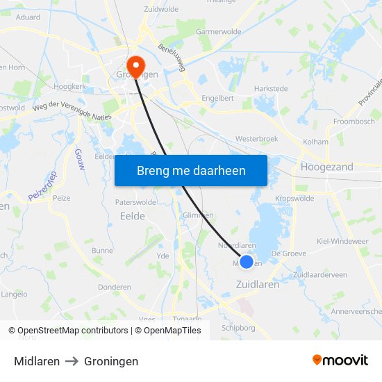 Midlaren to Groningen map