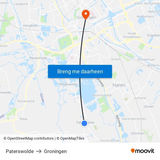 Paterswolde to Groningen map