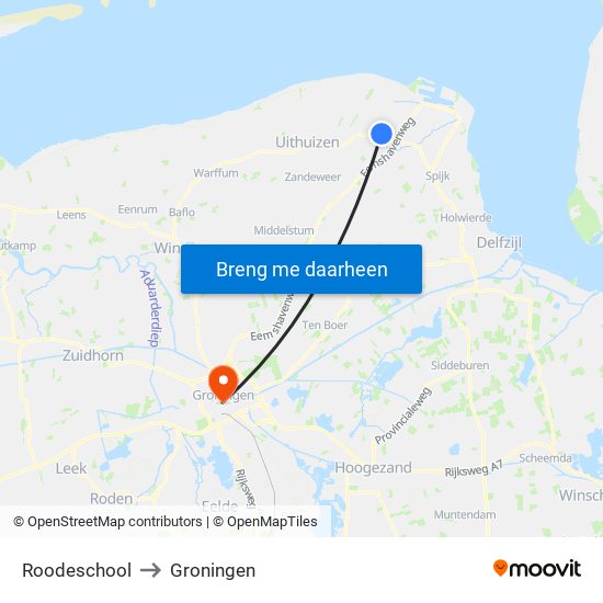 Roodeschool to Groningen map