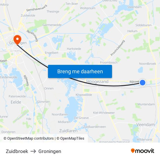 Zuidbroek to Groningen map