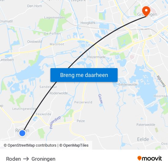 Roden to Groningen map
