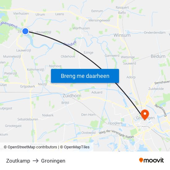 Zoutkamp to Groningen map