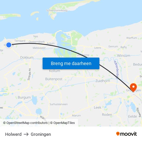 Holwerd to Groningen map