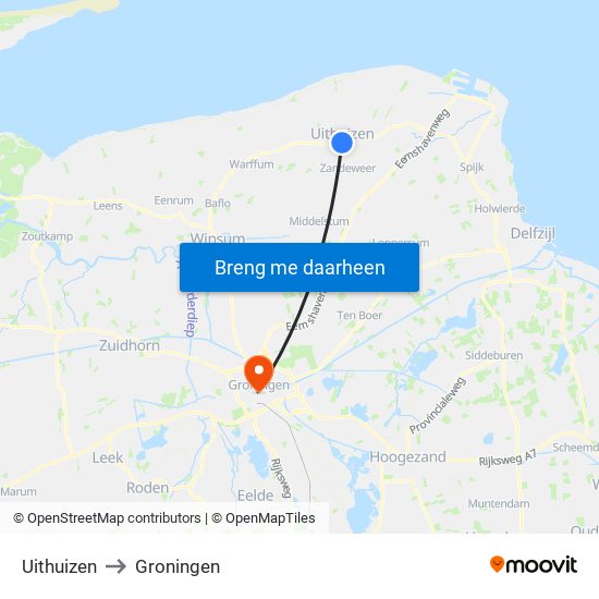 Uithuizen to Groningen map