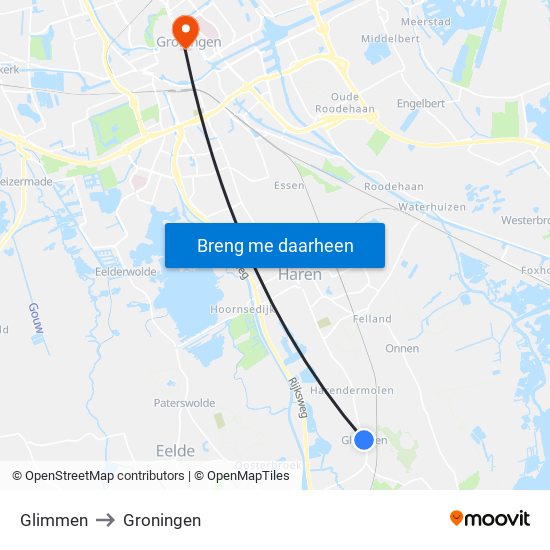 Glimmen to Groningen map