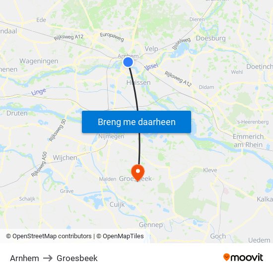 Arnhem to Groesbeek map