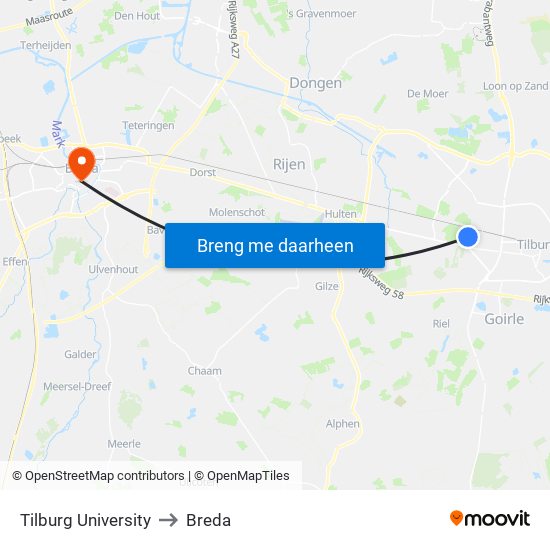 Tilburg University to Breda map