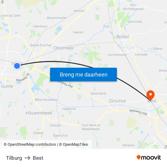 Tilburg to Best map