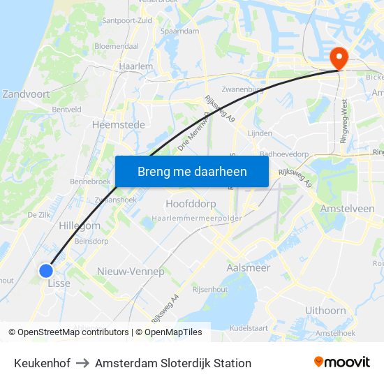 Keukenhof to Amsterdam Sloterdijk Station map