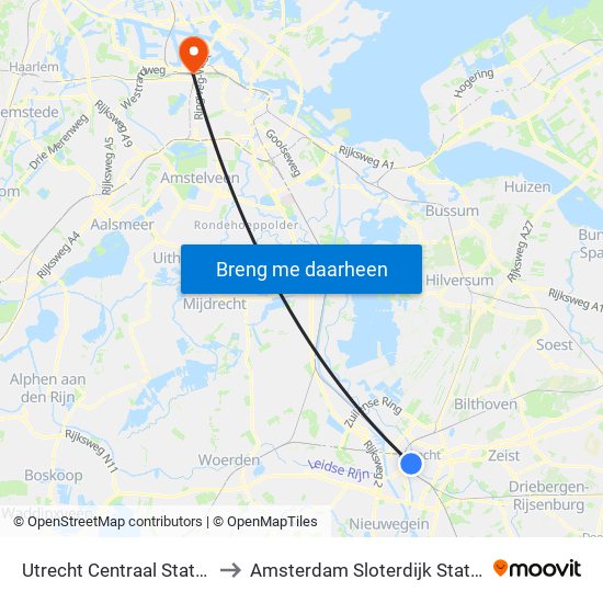 Utrecht Centraal Station to Amsterdam Sloterdijk Station map