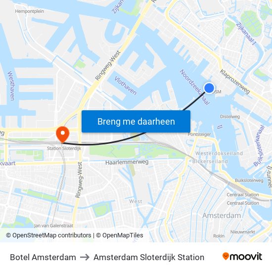 Botel Amsterdam to Amsterdam Sloterdijk Station map