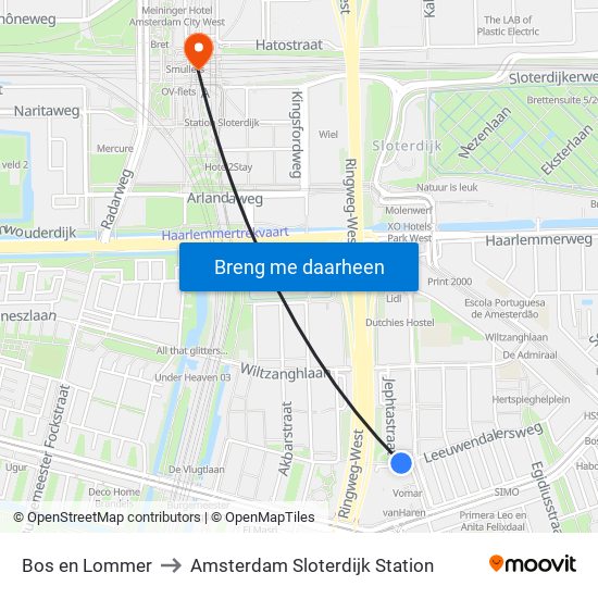 Bos en Lommer to Amsterdam Sloterdijk Station map