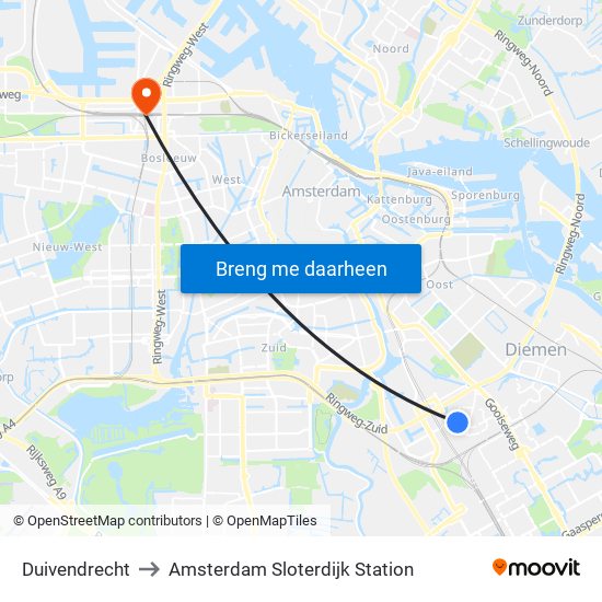 Duivendrecht to Amsterdam Sloterdijk Station map