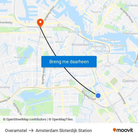 Overamstel to Amsterdam Sloterdijk Station map