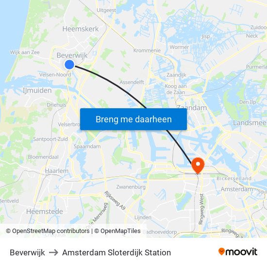 Beverwijk to Amsterdam Sloterdijk Station map