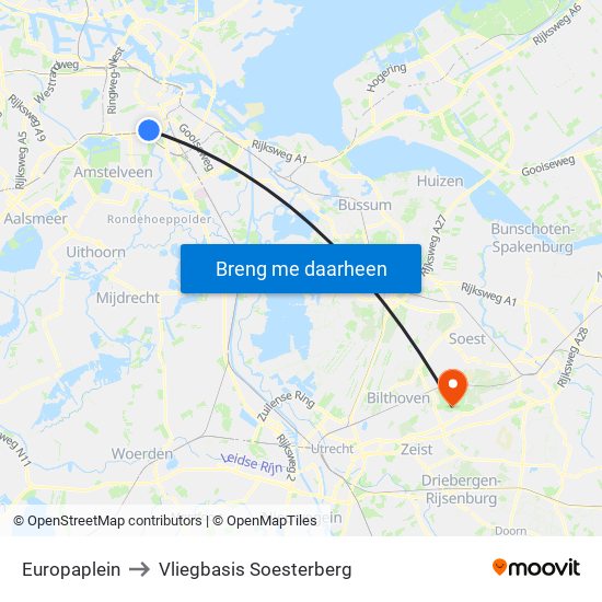 Europaplein to Vliegbasis Soesterberg map