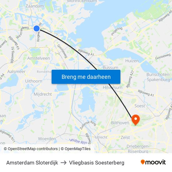 Amsterdam Sloterdijk to Vliegbasis Soesterberg map