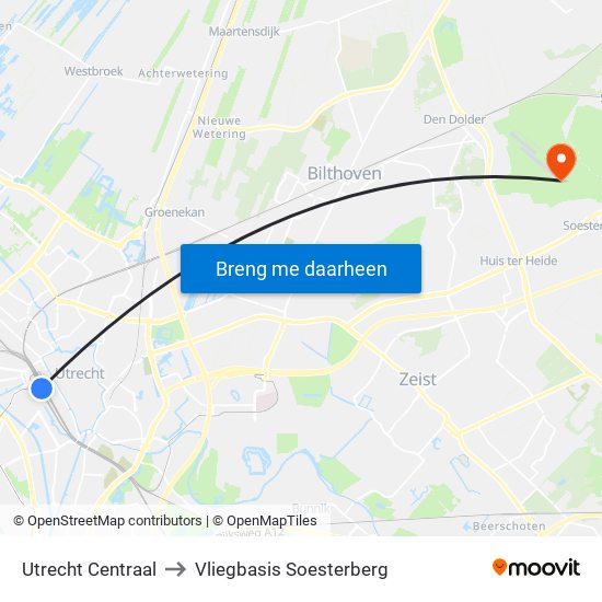 Utrecht Centraal to Vliegbasis Soesterberg map