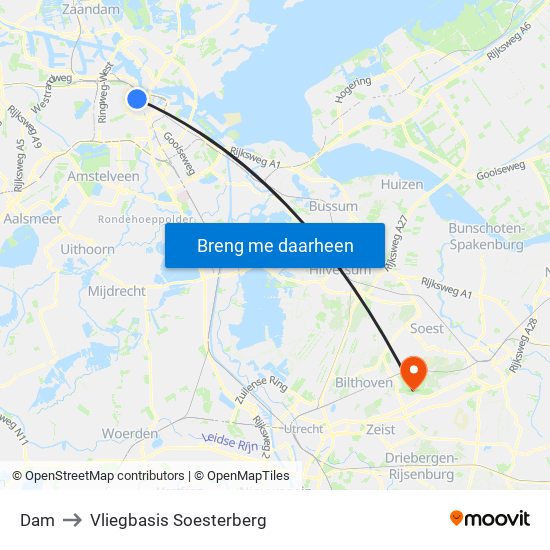 Dam to Vliegbasis Soesterberg map