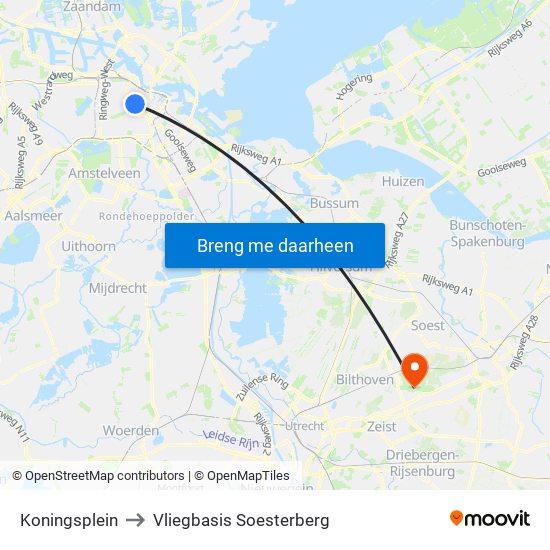 Koningsplein to Vliegbasis Soesterberg map