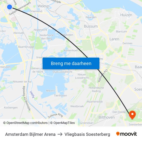 Amsterdam Bijlmer Arena to Vliegbasis Soesterberg map