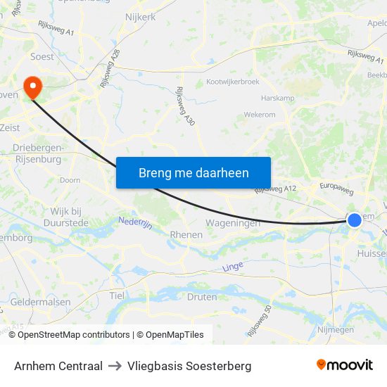 Arnhem Centraal to Vliegbasis Soesterberg map