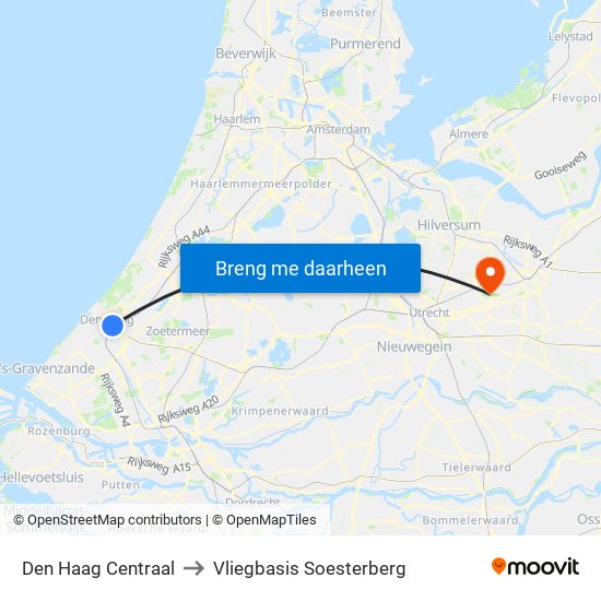 Den Haag Centraal to Vliegbasis Soesterberg map