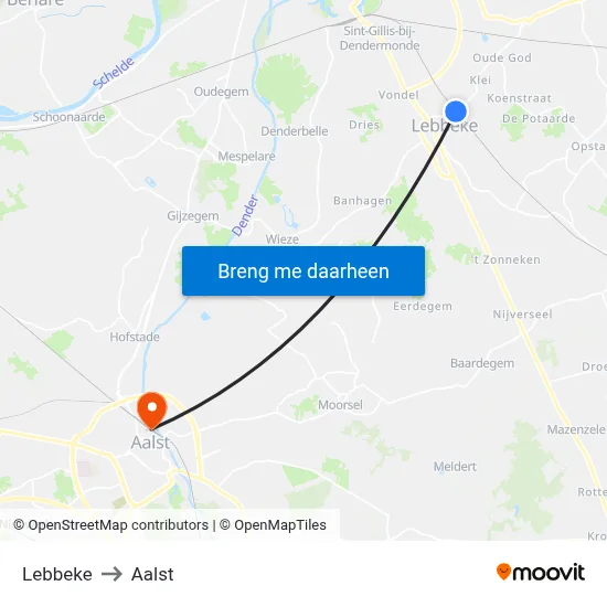 Lebbeke to Aalst map