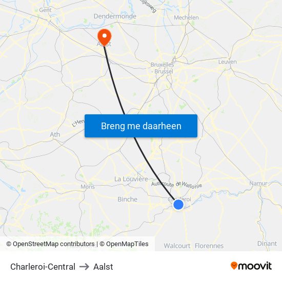 Charleroi-Central to Aalst map