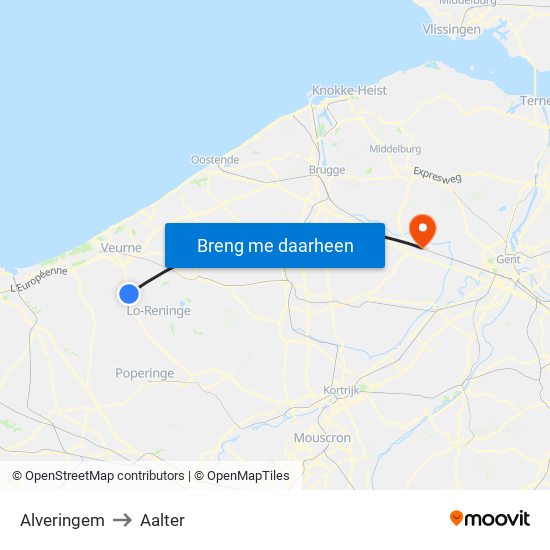 Alveringem to Aalter map