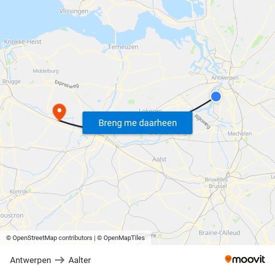 Antwerpen to Aalter map