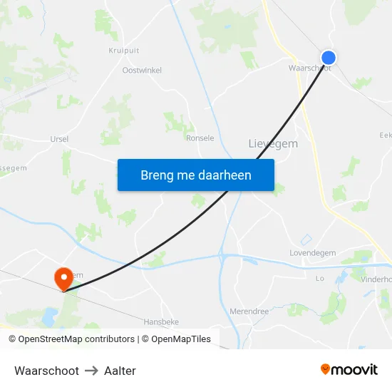 Waarschoot to Aalter map