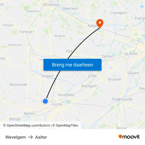 Wevelgem to Aalter map