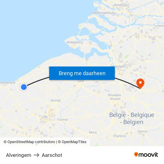 Alveringem to Aarschot map