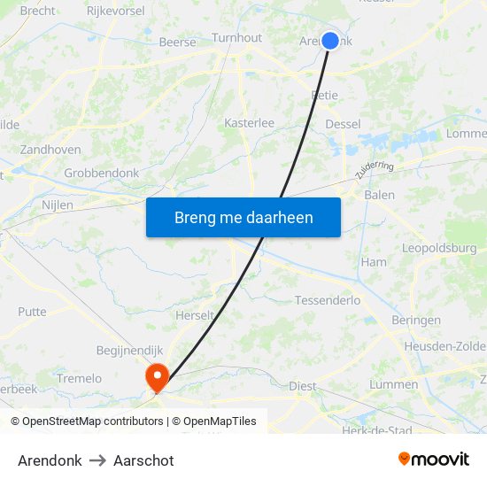 Arendonk to Aarschot map