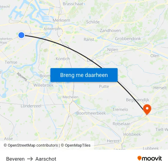 Beveren to Aarschot map
