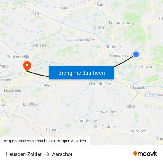 Heusden-Zolder to Aarschot map