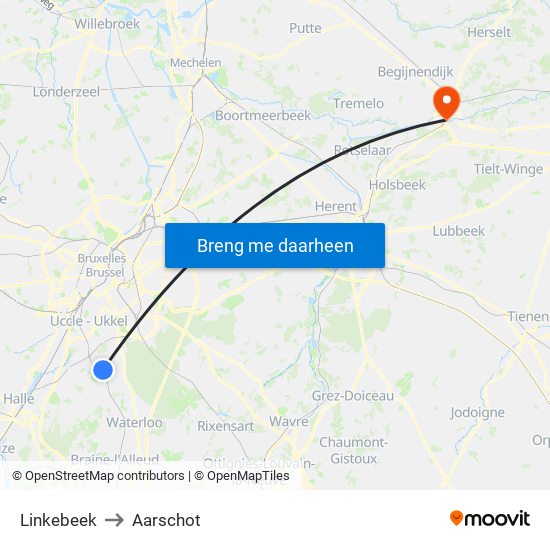 Linkebeek to Aarschot map