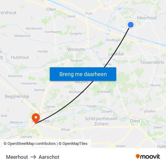 Meerhout to Aarschot map