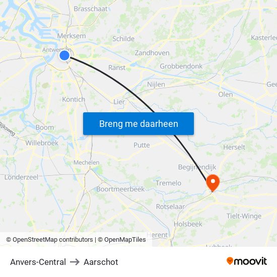 Anvers-Central to Aarschot map