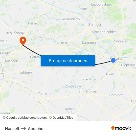 Hasselt to Aarschot map