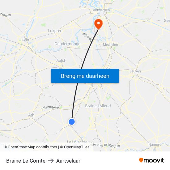 Braine-Le-Comte to Aartselaar map
